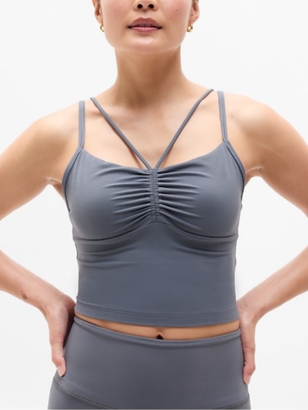 Athleta Cinch Cami Crop Slate Blue Double-Strap Ruched Cami Padded Shelf Bra